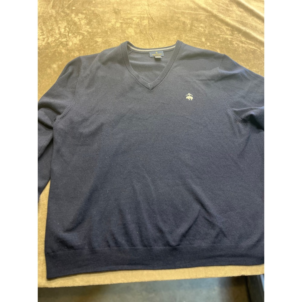 Brooks Brothers Mens XL Navy Blue Extra Fine Merino Wool V-Neck Sweater Logo